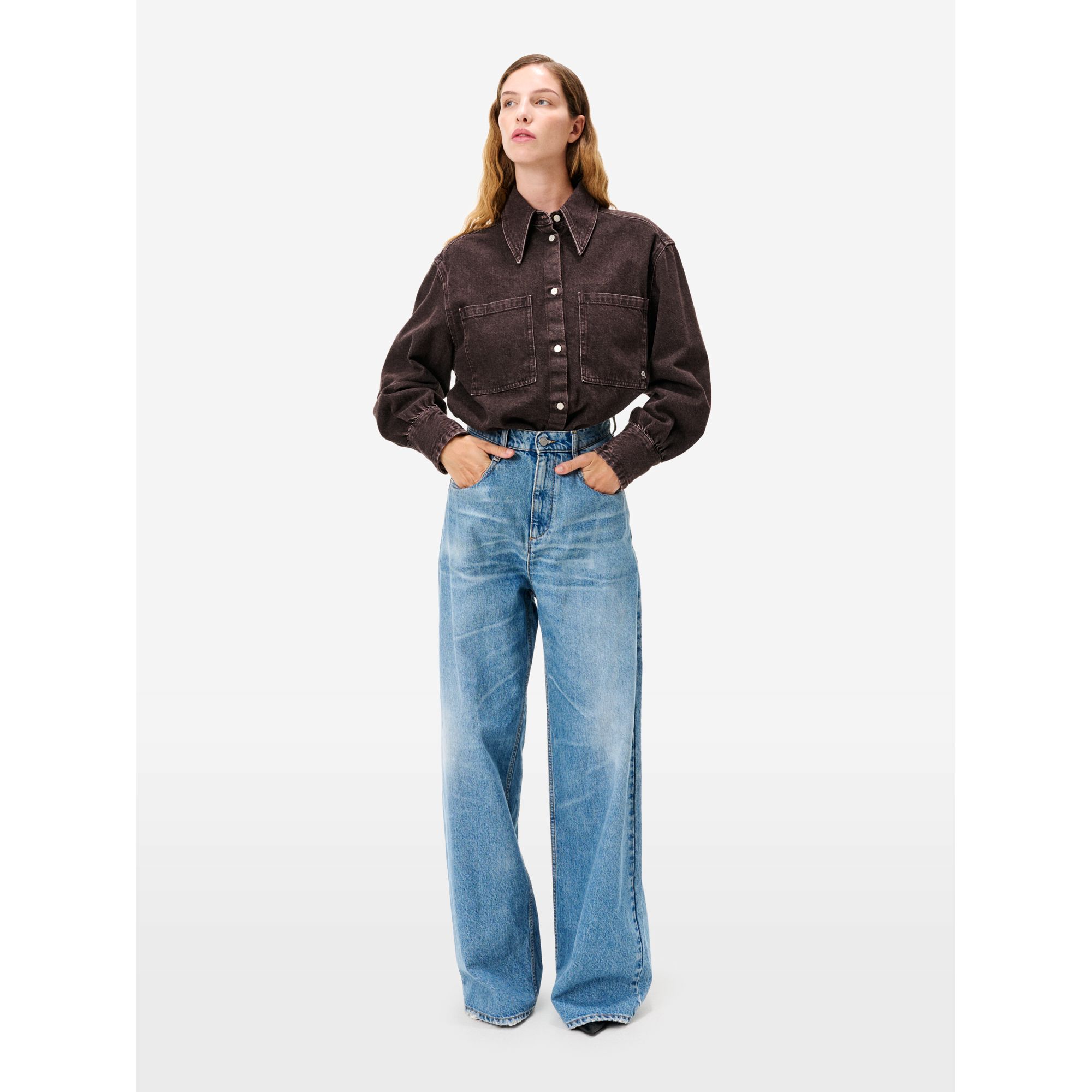 Emily high rise loose fit volume leg mid blue antique wash with light fading