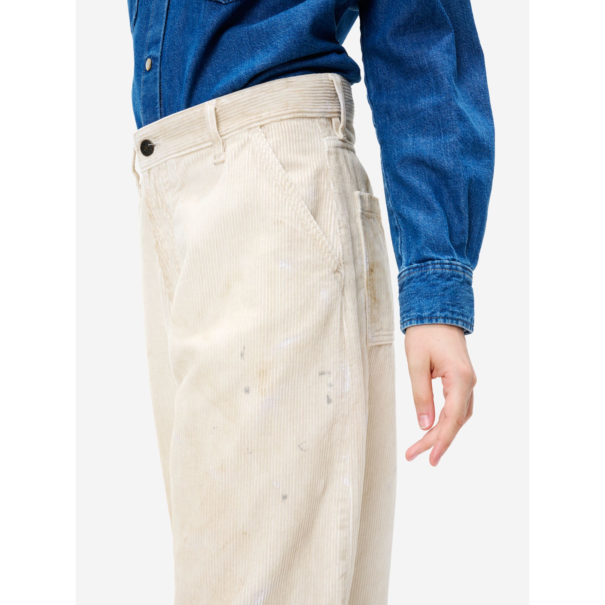 Dora high rise barrel leg garment dyed with dirt effects and paint marks