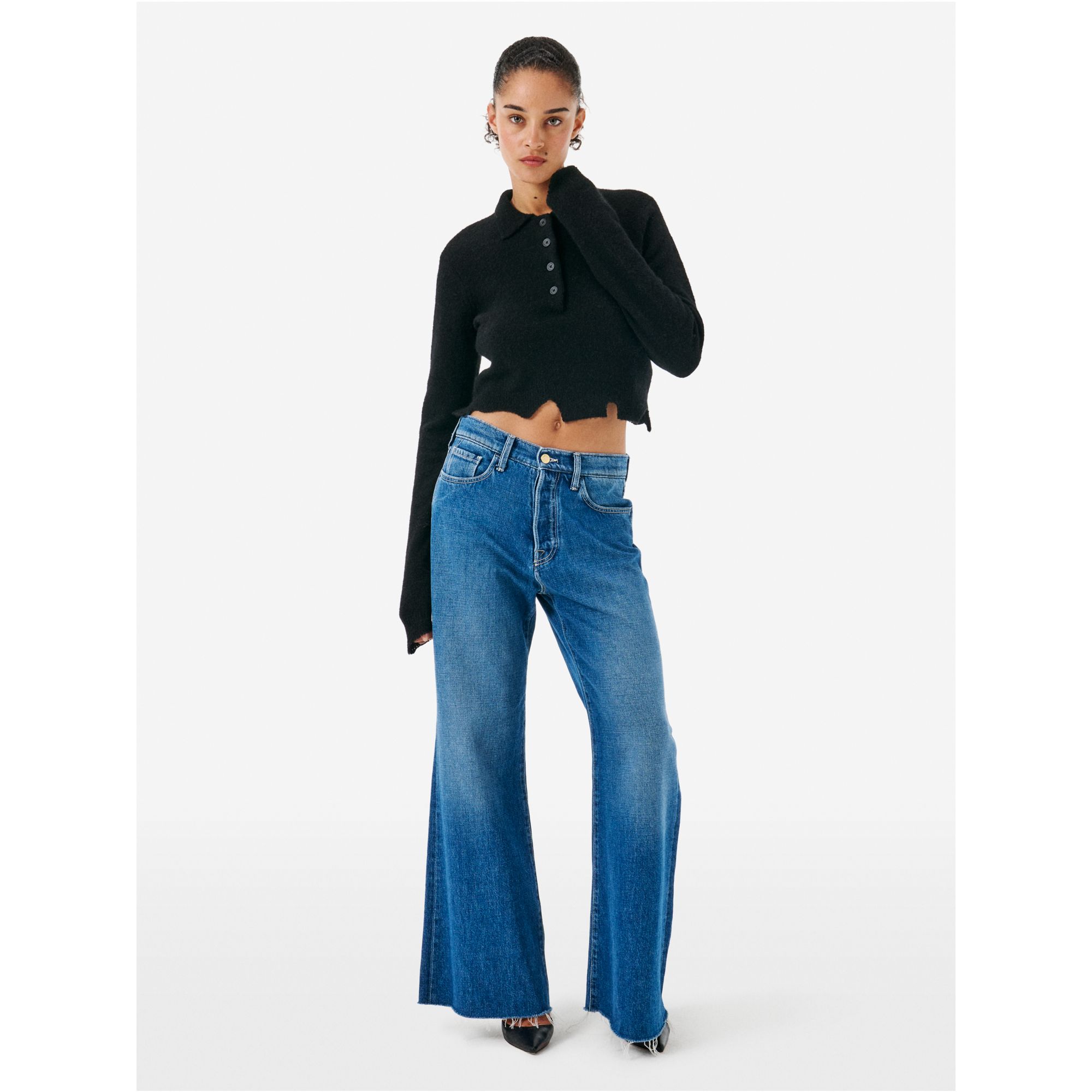 LUNA MID RISE FLARED MID TONE STONE WASH DESTROYED EDGE