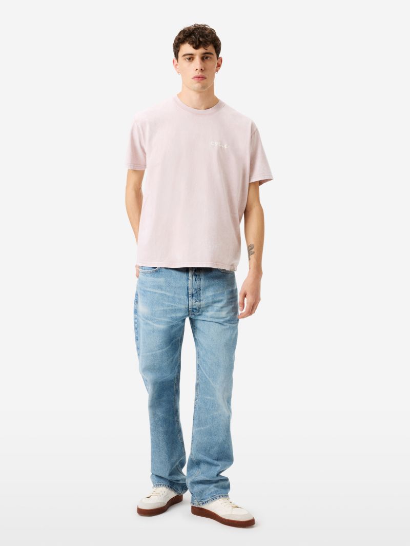 Full wide straight leg mid blue antique wash with light fading