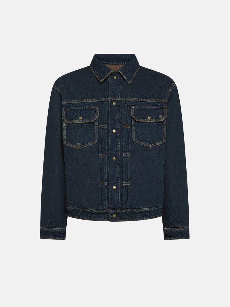Saki trucker jacket dark wash damaged and resinated
