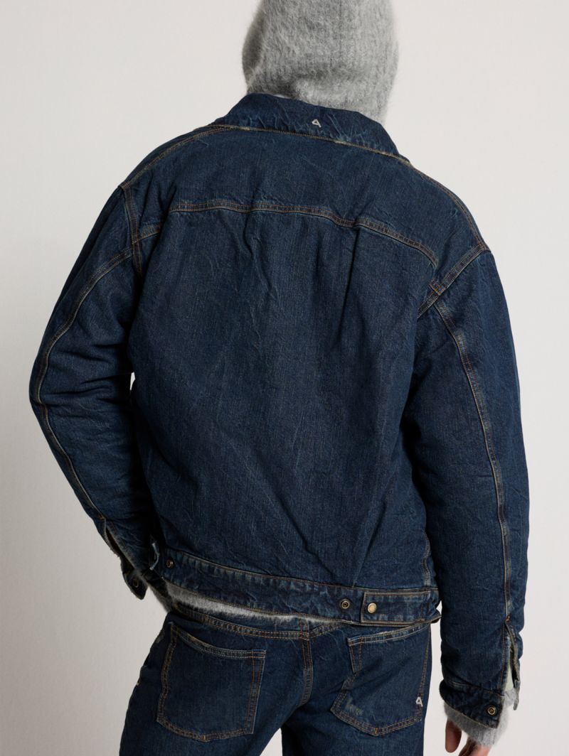 Saki trucker jacket dark wash damaged and resinated