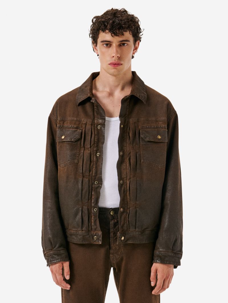 Saki trucker jacket oil coated garment dyed