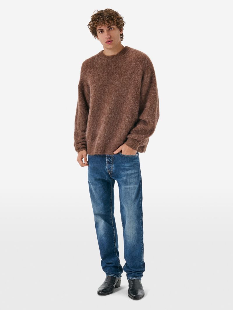 Over round neck collar brushed plain knit amazing