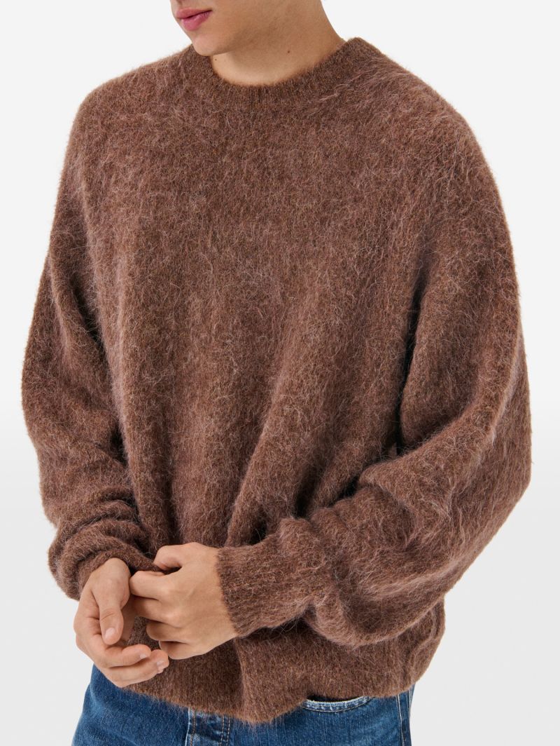 Over round neck collar brushed plain knit amazing
