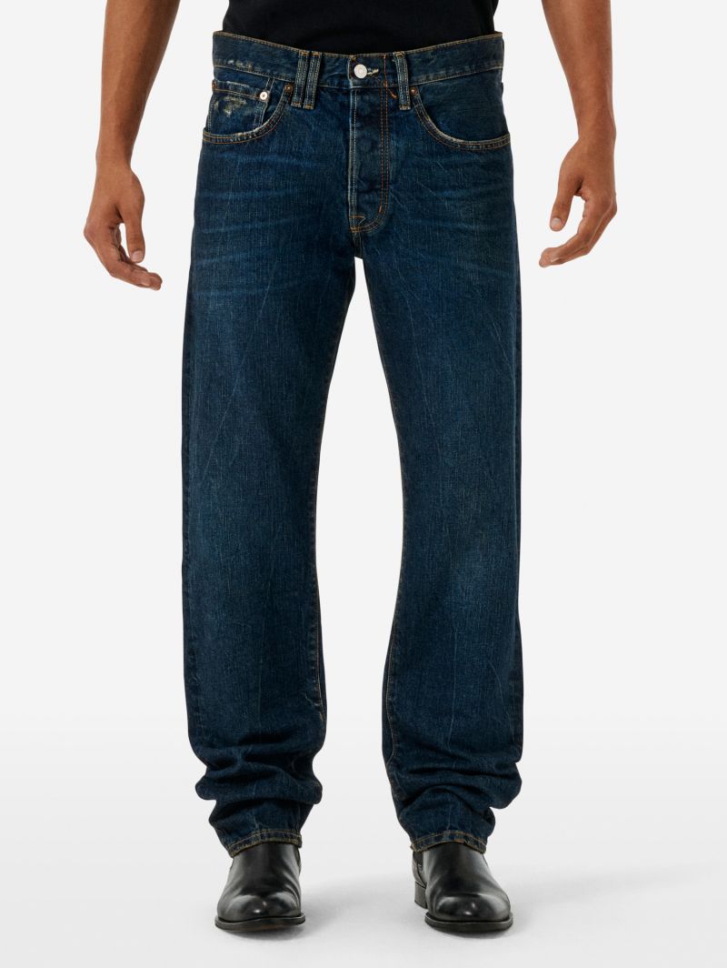 Standard regular straight '90s fit dark wash damaged and resinated