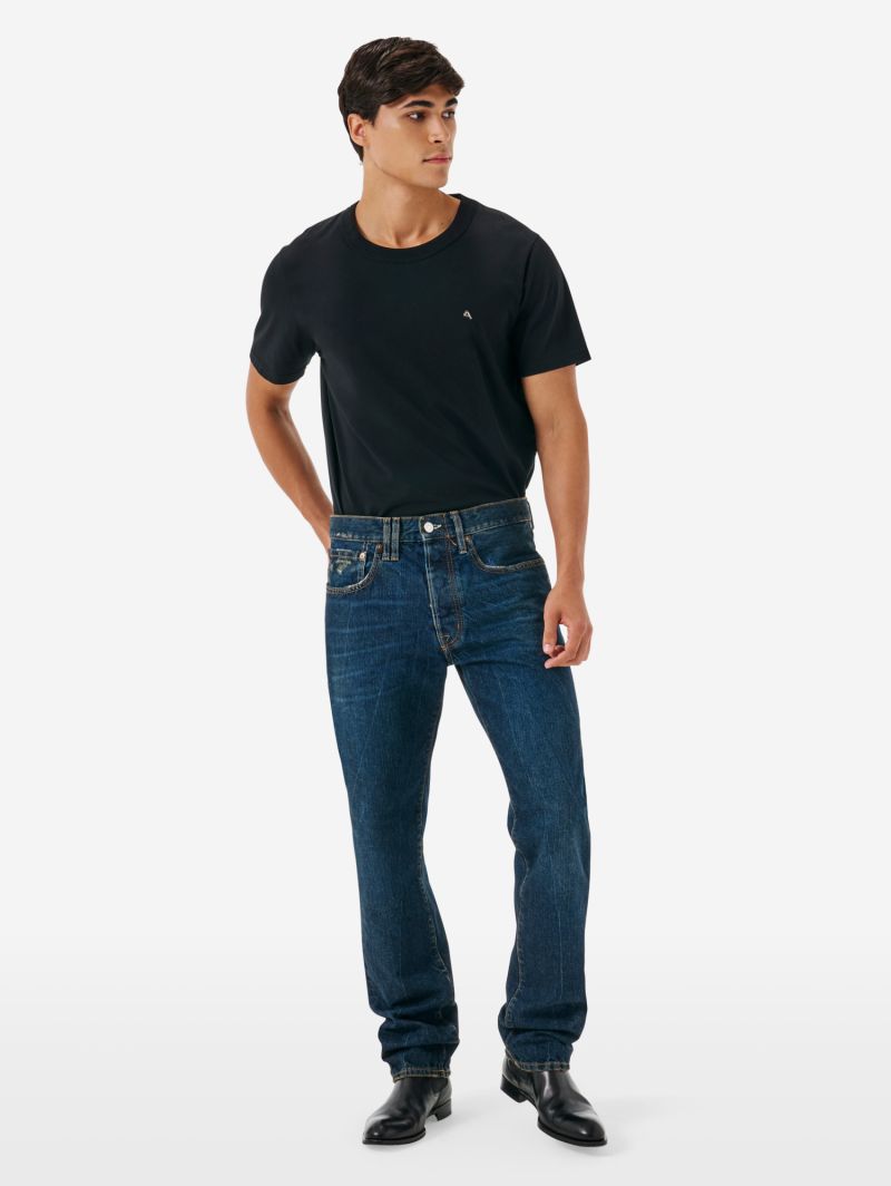 Standard regular straight '90s fit dark wash damaged and resinated