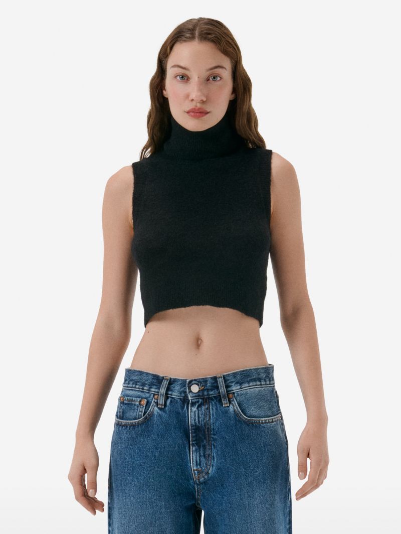 Turtle neck crop top plain knit alpaca