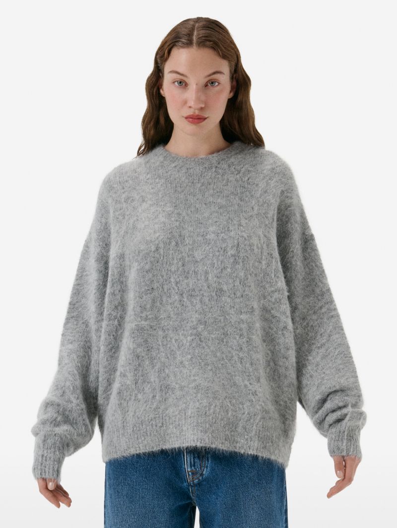 Over round neck collar brushed plain knit amazing