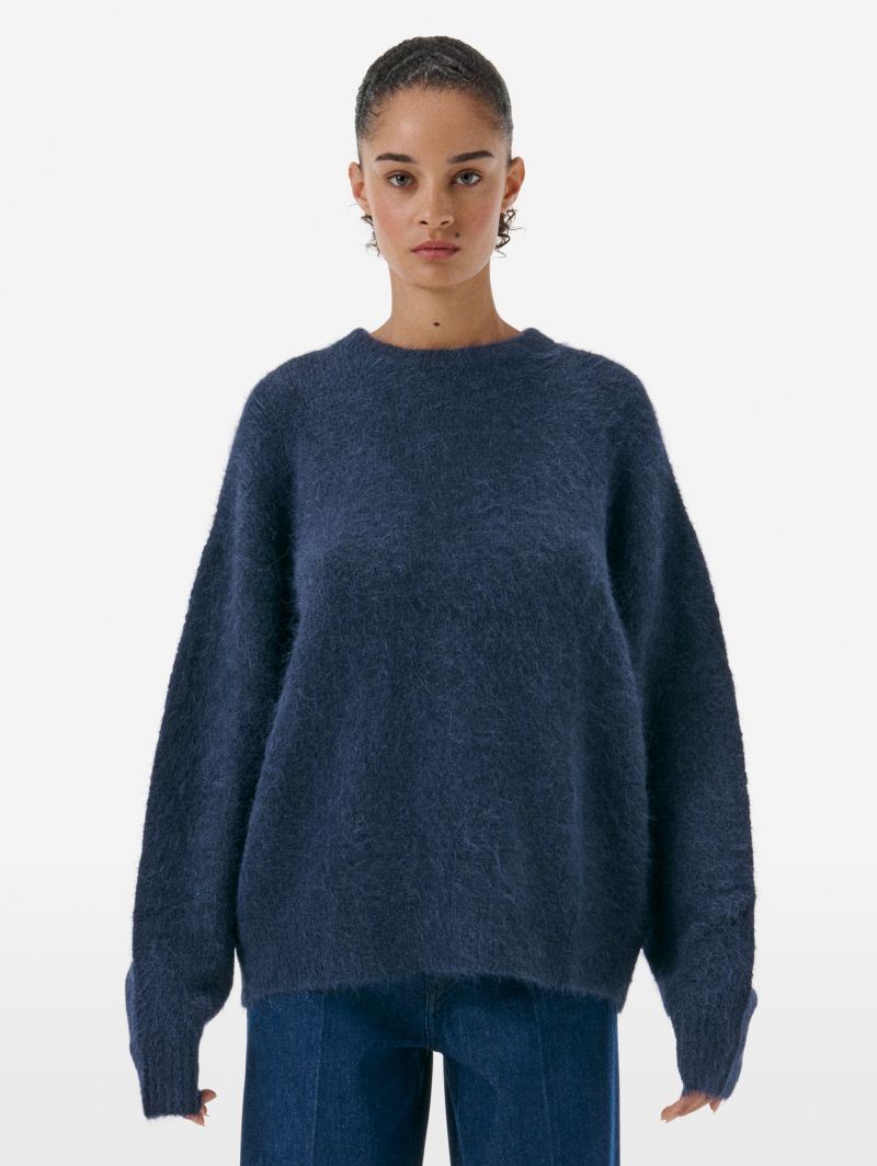 Over round neck collar brushed plain knit amazing