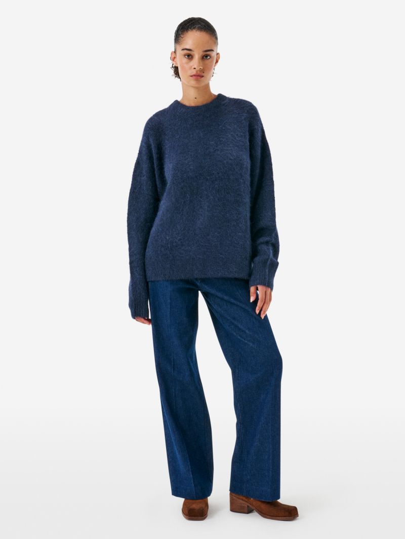 Over round neck collar brushed plain knit amazing