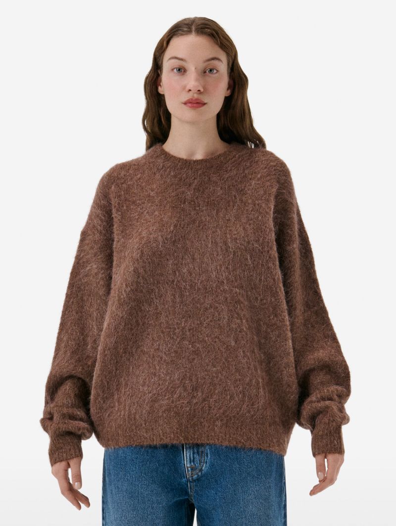Over round neck collar brushed plain knit amazing