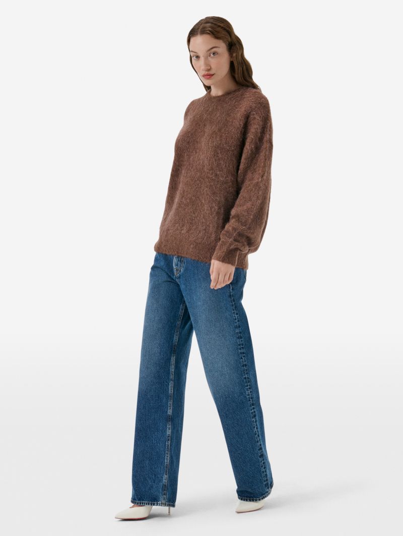 Over round neck collar brushed plain knit amazing