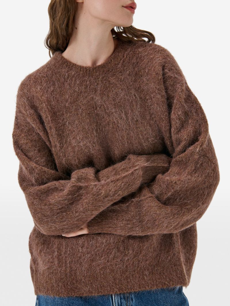 Over round neck collar brushed plain knit amazing