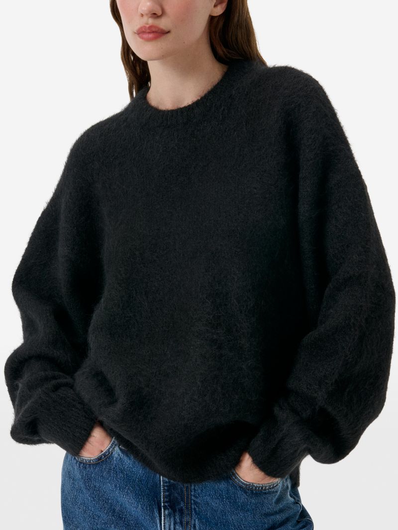 Over round neck collar brushed plain knit amazing