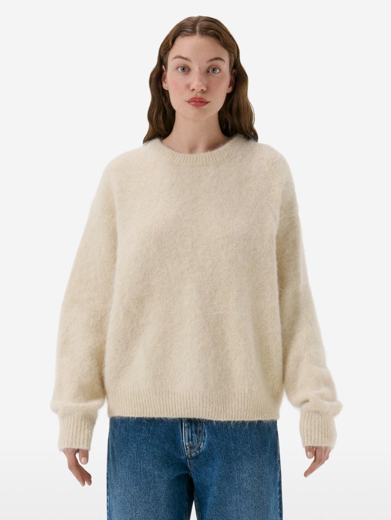 Over round neck collar brushed plain knit amazing