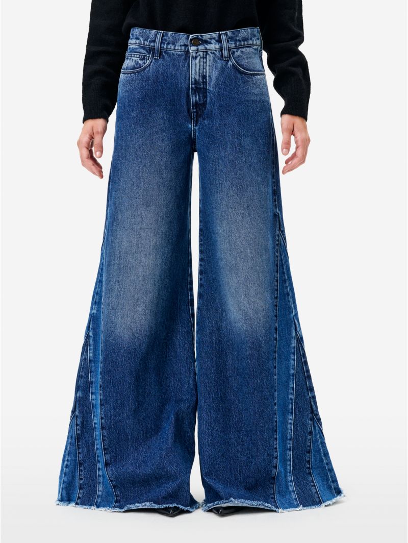 Asia cut mid rise wide leg flared stone wash brushed destroyed edge