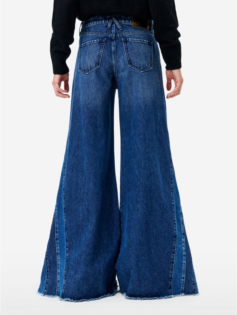 Asia cut mid rise wide leg flared stone wash brushed destroyed edge
