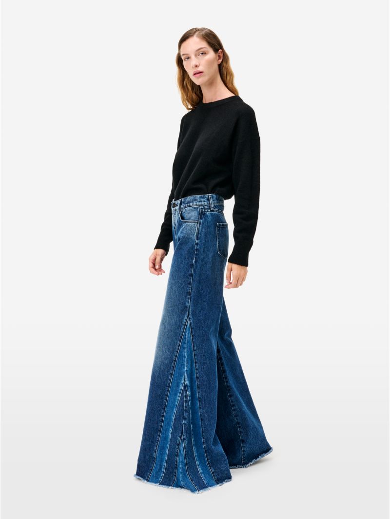 Asia cut mid rise wide leg flared stone wash brushed destroyed edge