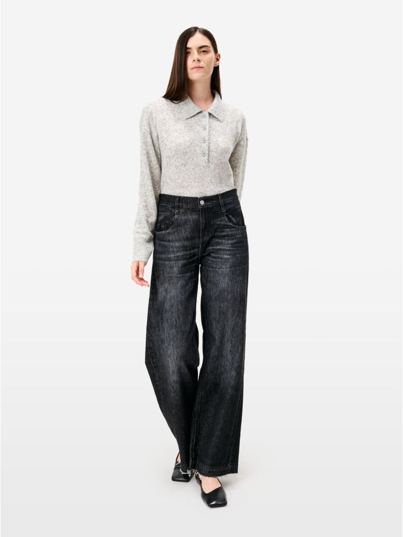 Aida low super fitted low waist volume leg dark tone used wash frayed edge