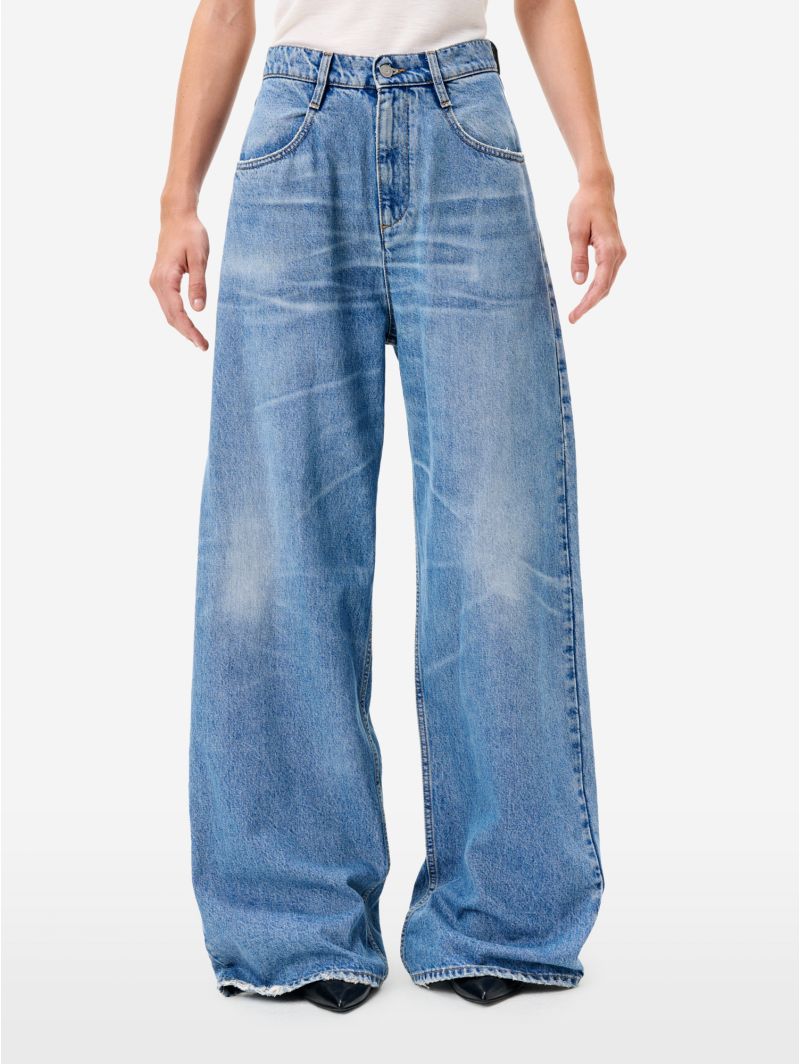 Emily high rise loose fit volume leg mid blue antique wash with light fading