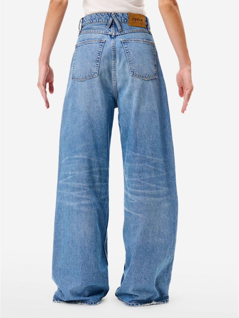 Emily high rise loose fit volume leg mid blue antique wash with light fading