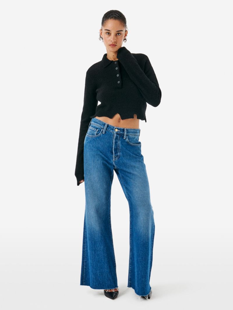 LUNA MID RISE FLARED MID TONE STONE WASH DESTROYED EDGE